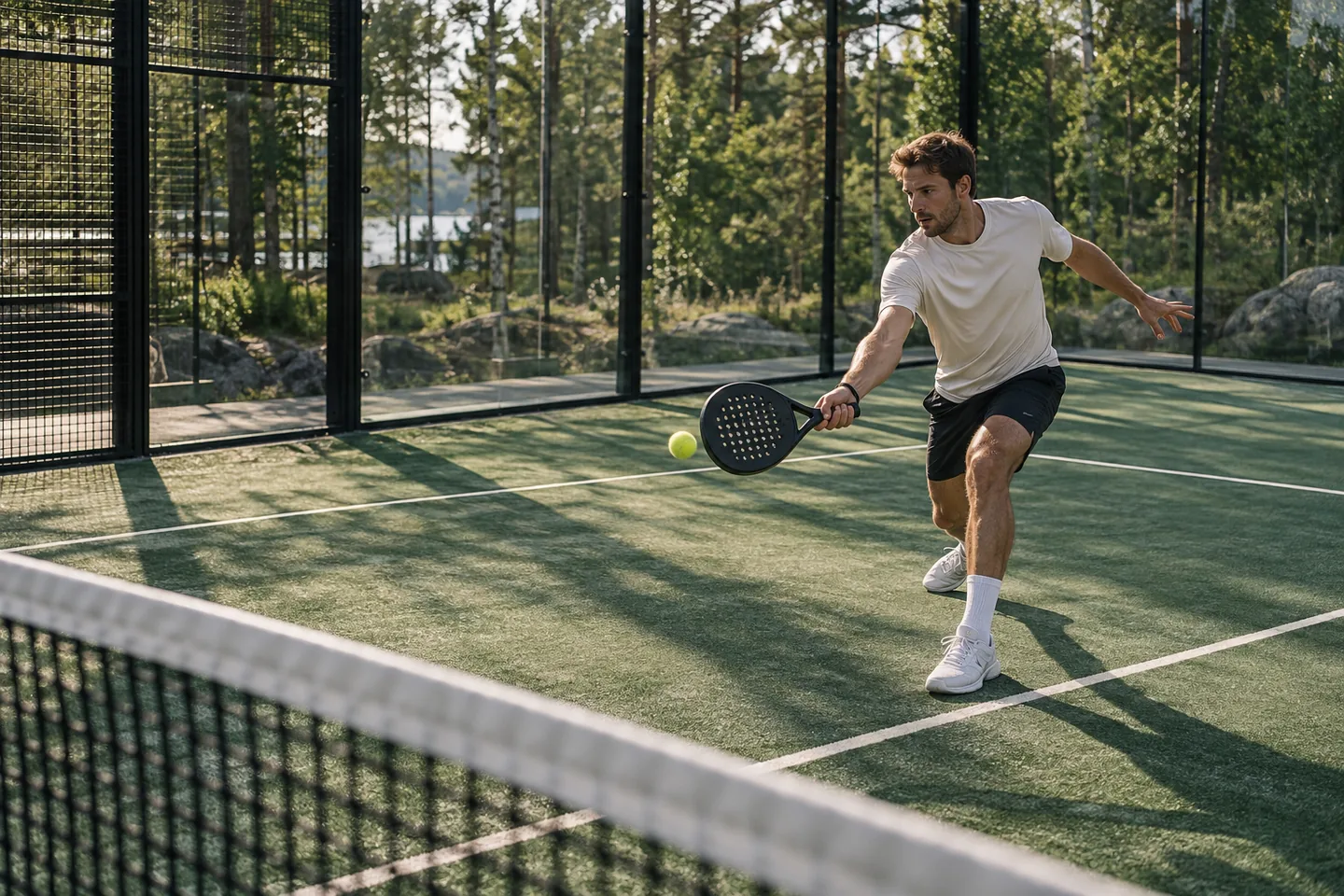 Padelspiller slår en gul bold over nettet på en grøn udendørsbane